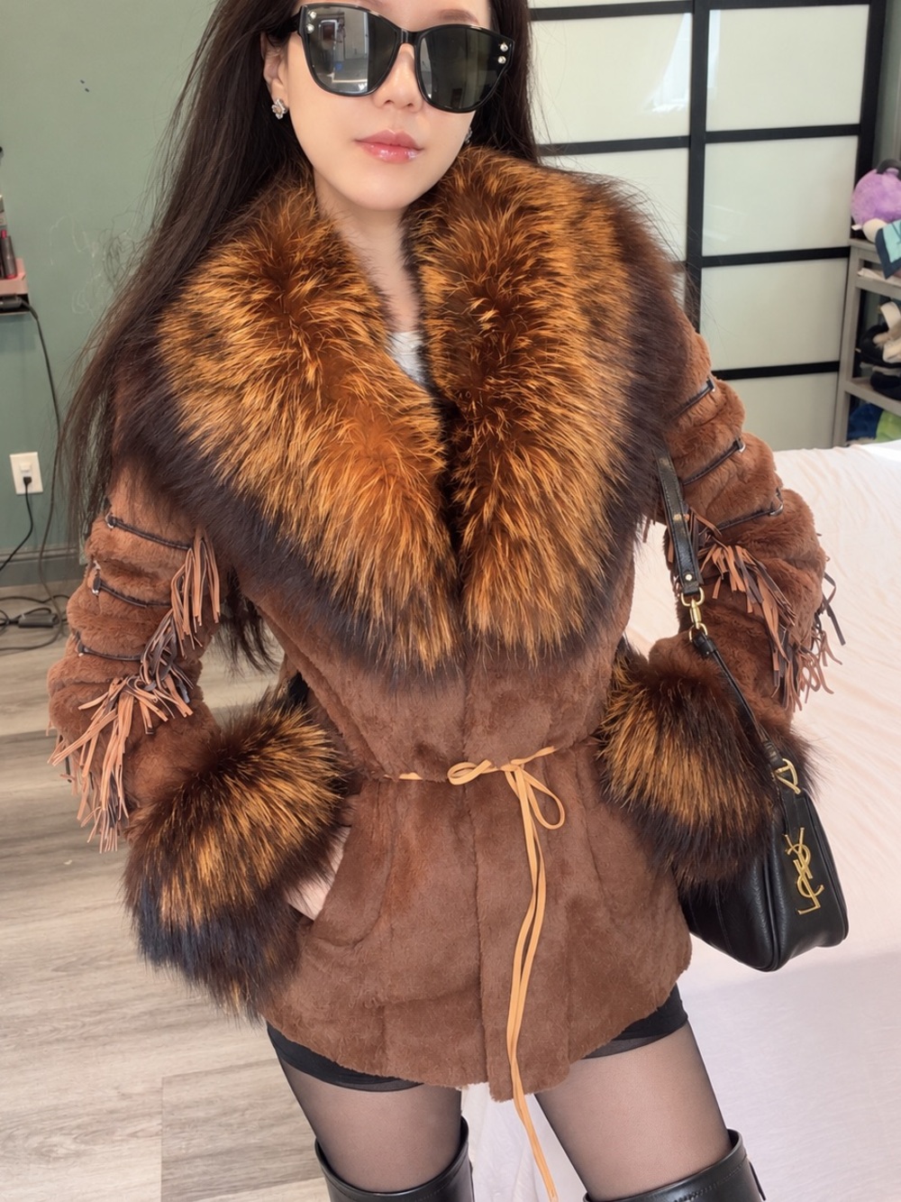 Vintage Silver Fox Fur HUGE Collar & Cuffs Rabbit Fur Belted Y2K Jacket XS/S